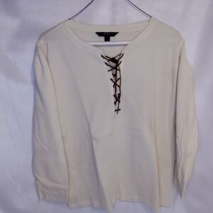 Lauren Ralph Lauren Cream Leather Tie Front 3/4 Sleeve Blouse